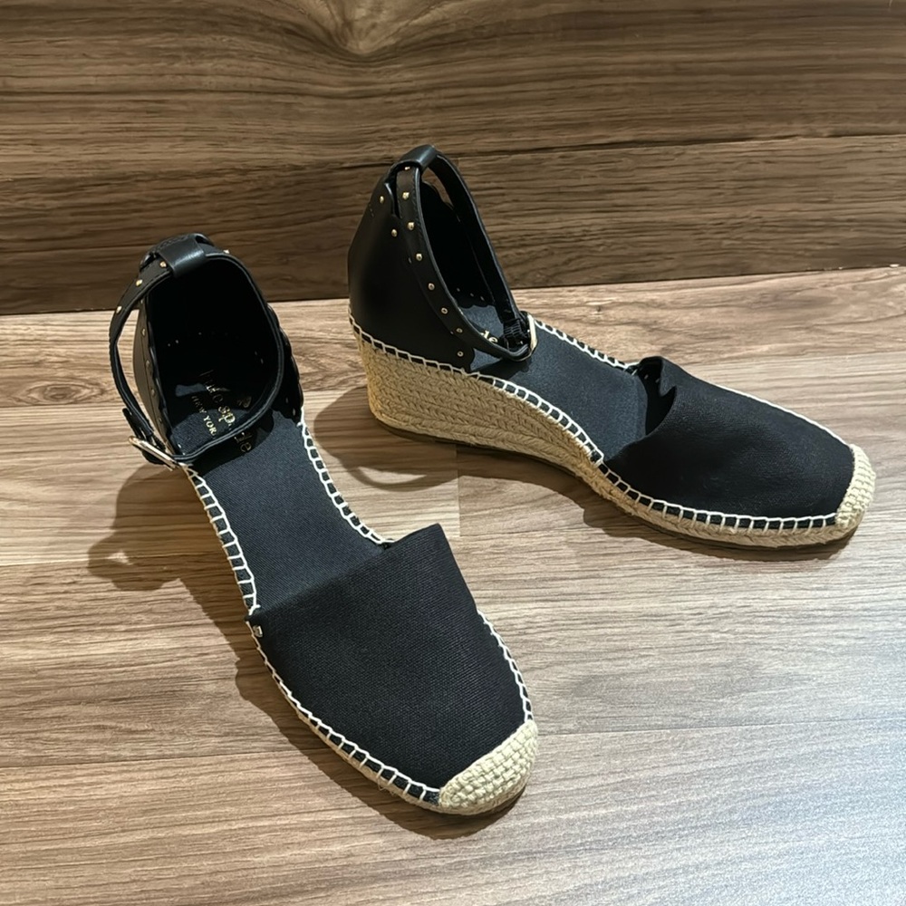 Kate Spade Black Palma Espadrilles Ankle Strap Gold Tone Accent Wedge 8 NWOB